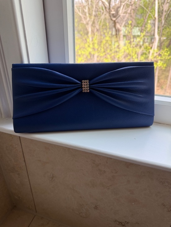 Handbags - Elegant Navy Blue Bow Clutch with Crystal Accent
